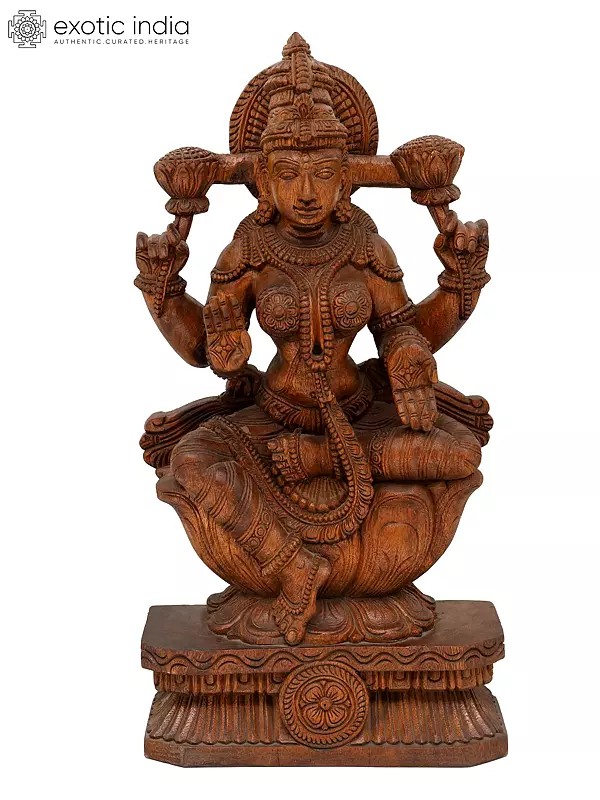 24" Blessing Goddess Lakshmi Seated on Lotus | Wood Carving