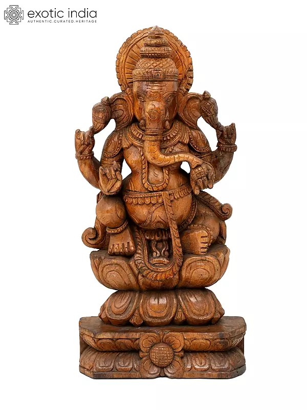 24" Chaturbhuja Lord Ganesha Seated on Lotus | Wood Carving