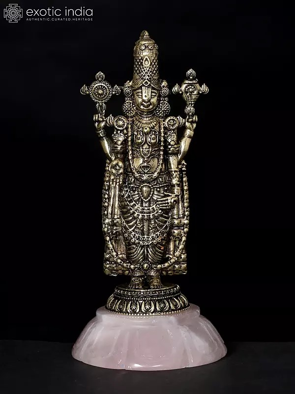 5" Small Superfine Brass Tirupati Balaji (Venkateshvara) Standing on Rose Quartz Gemstone Base