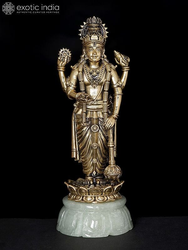 7" Superfine Brass Lord Vishnu Standing on Green Aventurine Gemstone Base