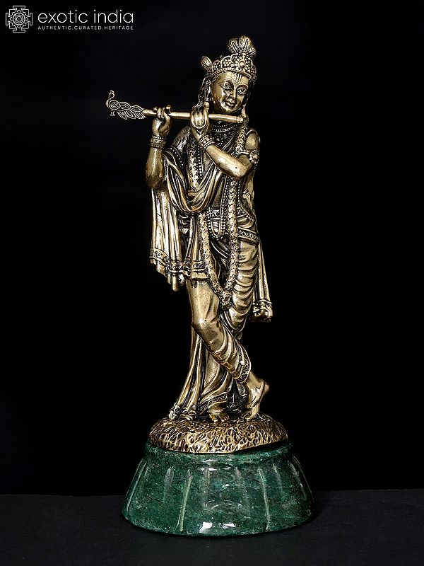 6" Brass Superfine Fluting Lord Krishna Standing on Green Aventurine Gemstone Base