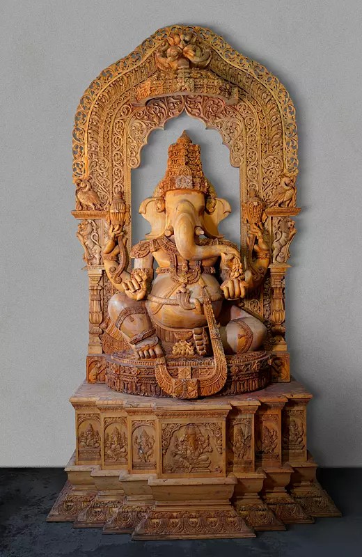 126" Super Large Chaturbhuja Lord Ganesha Seated on Kirtimukha Throne | Wood Carved Statue | Shipped by Sea