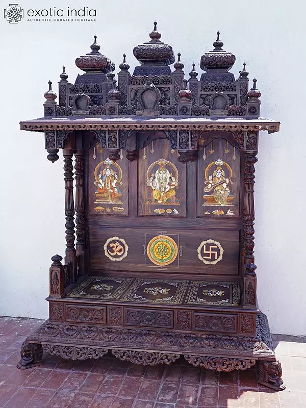 98" Huge Designer Puja Temple in Rosewood with Lakshmi Ganesha Saraswati Inlay