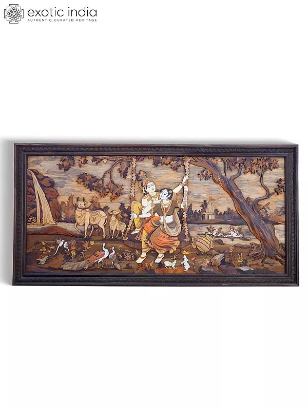 96" Large Radha Krishna on Swing with Beautiful View | 3D Wall Panel in Rosewood with Inlay Work