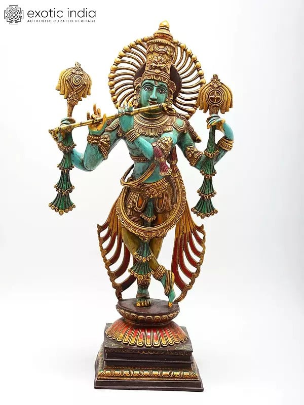 31" Large Brass Colorful Standing Lord Venugopal (Krishna) Playing Flute