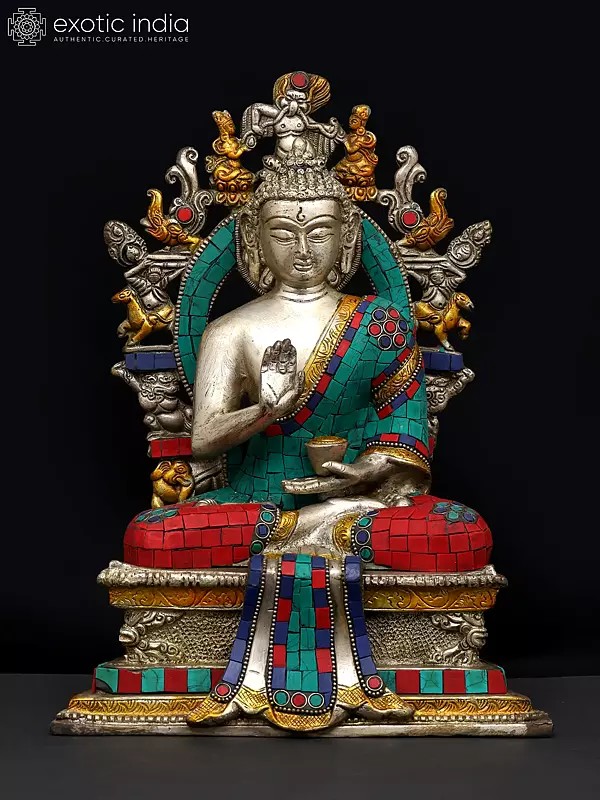 11" Lord Buddha Seated on Six-ornament Throne of Enlightenment In Brass | Handmade | Made In India