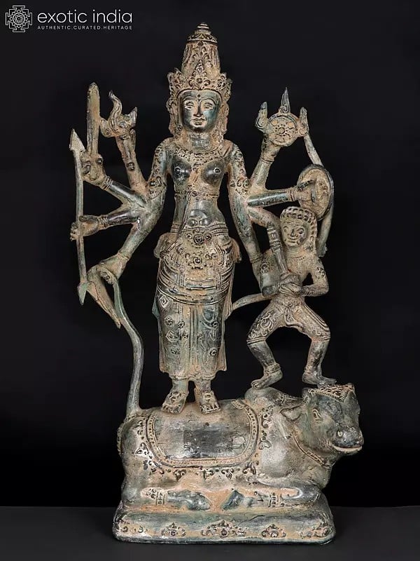 13" Goddess Bathari Durga with Bhairava Standing on Nandi In Brass | Handmade | Made In India