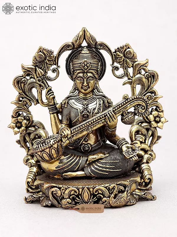 4" Small Four Armed Goddess Saraswati Brass Statue