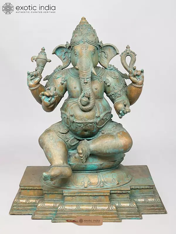 Majestic Bronze Sculpture of Lord Ganesha on Lotus, 36" Height