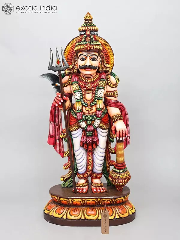 36" Muniswaran Swamy Wooden Idol – Handcrafted Hindu God Statue