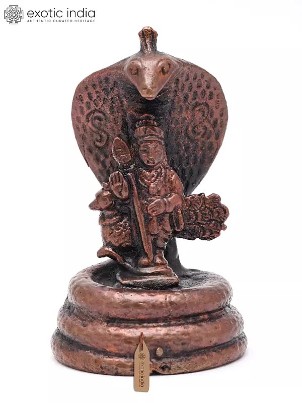 2" Small Lord Murugan Standing on Serpent Throne | Handmade | Copper Statue