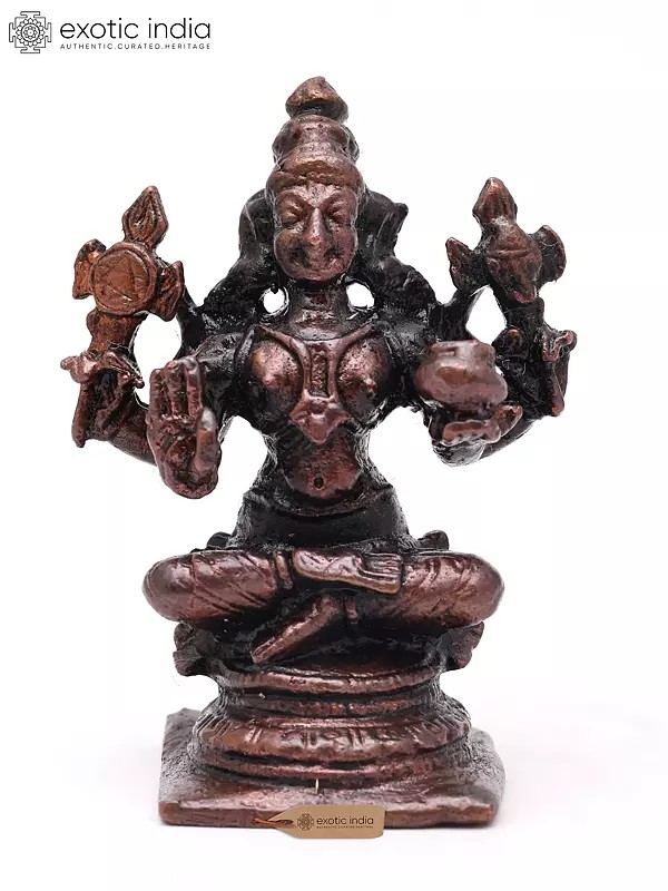 Small Four Armed Lord Dhanvantari Seated on Pedestal | Copper Statue | Made in India