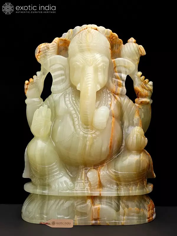 7" Chaturbhuj Lord Ganesha Seated on Lotus Asana with Mushak | Yellow Calcite Gemstone