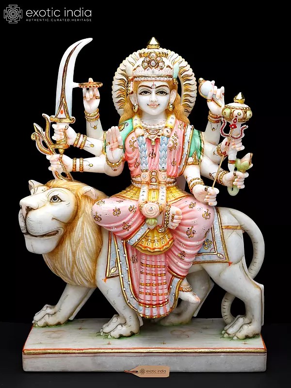 21" Ashtabhujadhari Goddess Durga with Lion | White Marble Sculpture