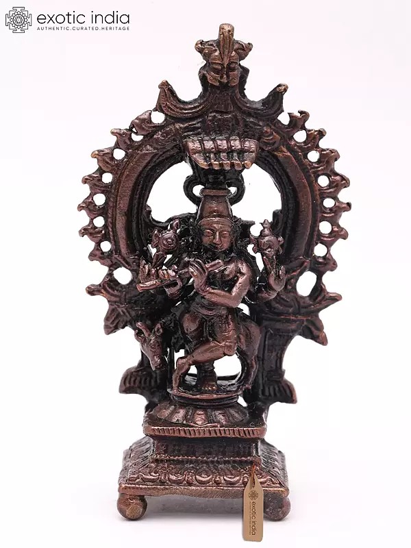 3" Small Fluting Lord Krishna with Cow | Copper Statue