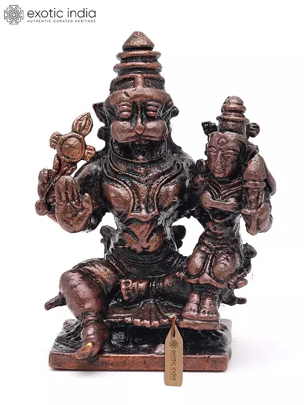 2" Small Lord Narasimha Seated with Goddess Lakshmi | Copper Statue