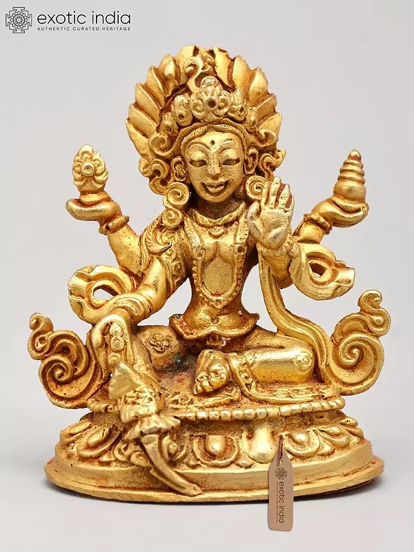 1" Small Goddess Green Tara | Copper Statue Gilded with 24 Karat Gold