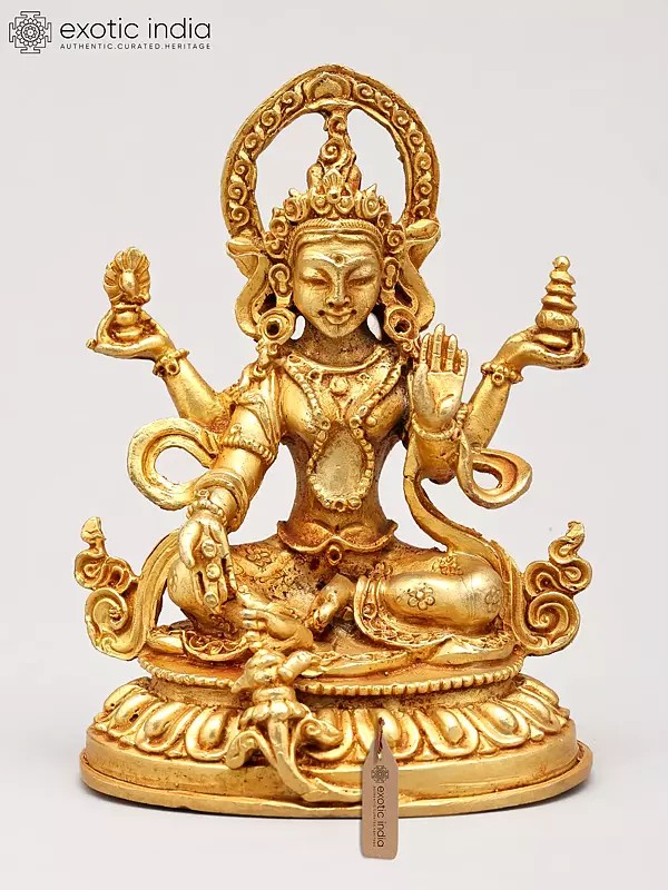 3" Tibetan Buddhist Goddess Green Tara | Copper Statue Gilded with 24 Karat Gold