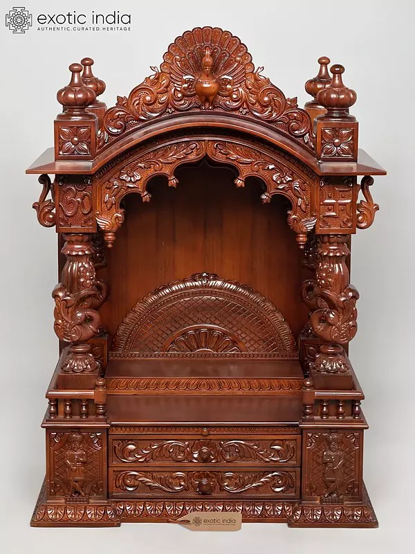 43" Large Handcrafted Wood Temple for Home with Intricate Carving and Storage Drawer | Handmade