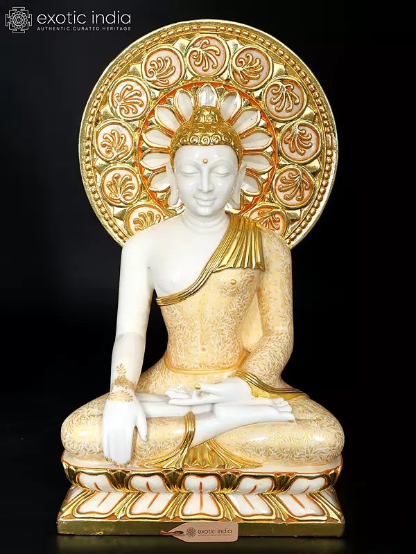 35" Large Bhumisparsha Buddha Idol with Gold Details | White Marble Sculpture | Made in India