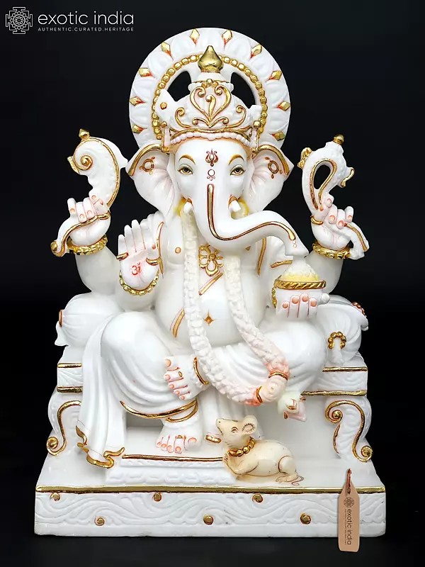24" Elegant Idol of Four Armed Lord Ganapati with White and Gold Finish | White Marble Sculpture | Made in India