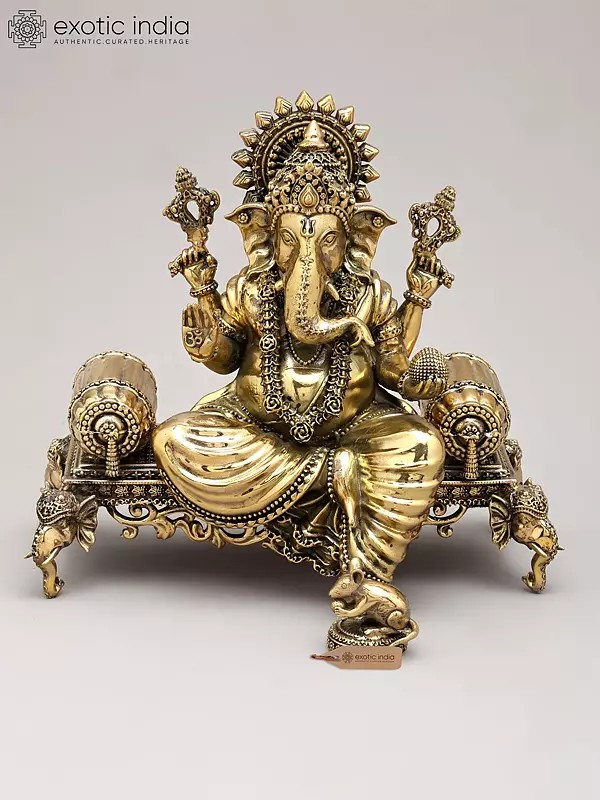 8" Four Armed Lord Ganesha Seated on Royal Throne with Mushaka | Brass Statue | Made in India