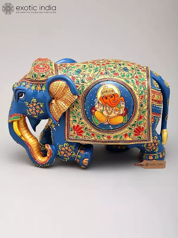 10" Hand-Painted Blue Elephant Sculpture with Lord Ganesha Artwork | Home Decor Wood Figurine