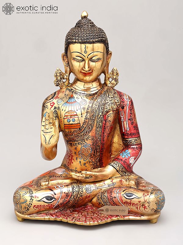 13" Hand-Painted Buddha with Tantrik Imagery | Brass Sculpture
