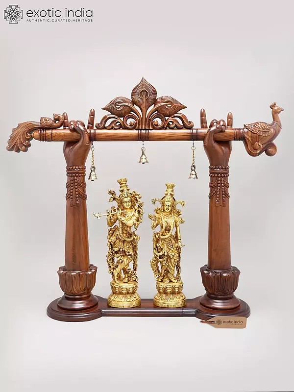32" Divine Radha and Krishna Brass Idol under Wood Carved Arch | Brass and Wood Sculpture