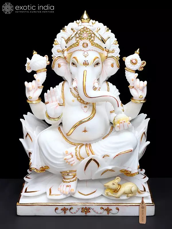 16" Handcrafted White Marble Blessing Ganesha Statue Seated on Lotus | Hand-Painted Hindu God Idol for Home Temple