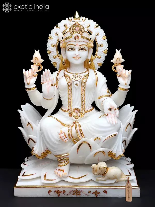 16" Blessing Goddess Lakshmi Seated on Lotus | Hand-Painted White Marble Statue