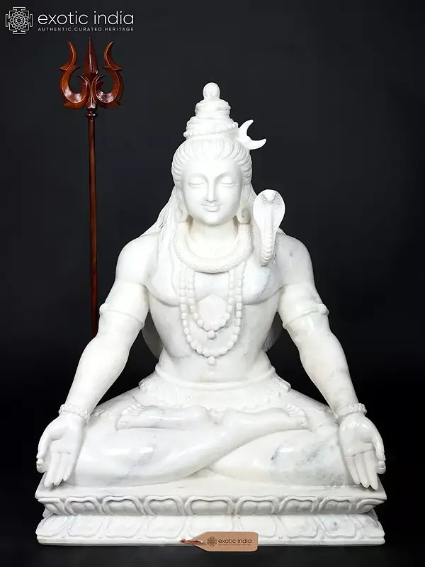 36" Large Hand-Carved Meditating Mahadev (Lord Shiva) | White Marble Hindu God Idol