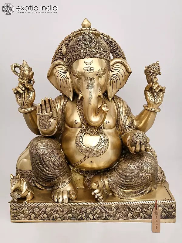 33" Large Fine Four Armed Blessing Lord Ganesha | Brass Statue