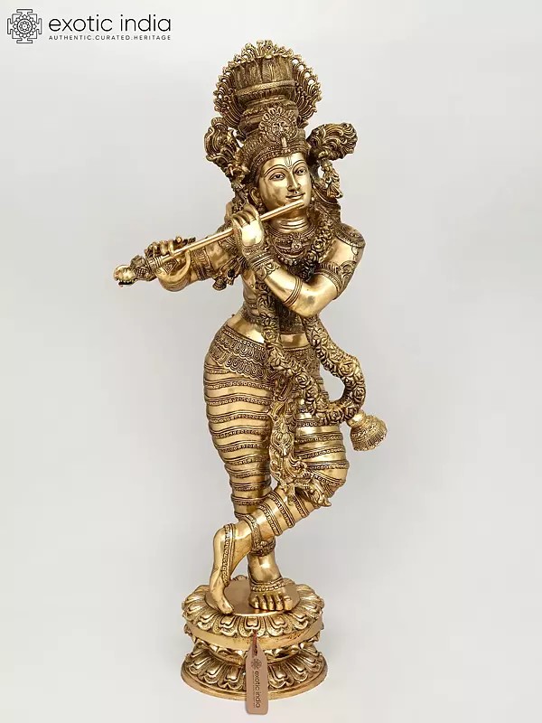 45" Large Superfine Lord Krishna Playing Flute | Brass Statue