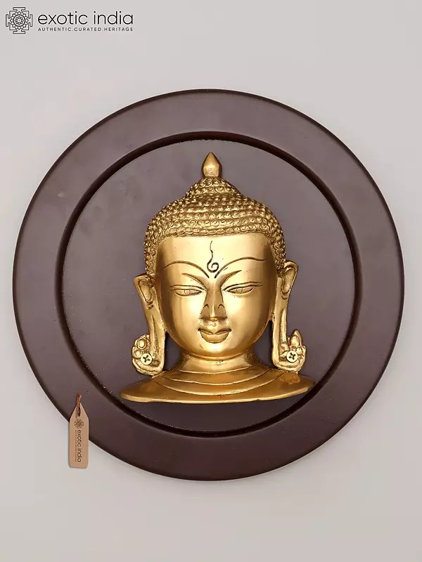 10" Brass Lord Buddha Wood Framed Sculpture | Wall Hanging