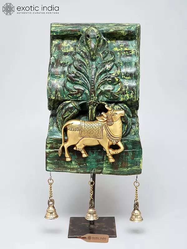 18" Sacred Kamadhenu Cow on Wood Base with Dangling Brass Bells