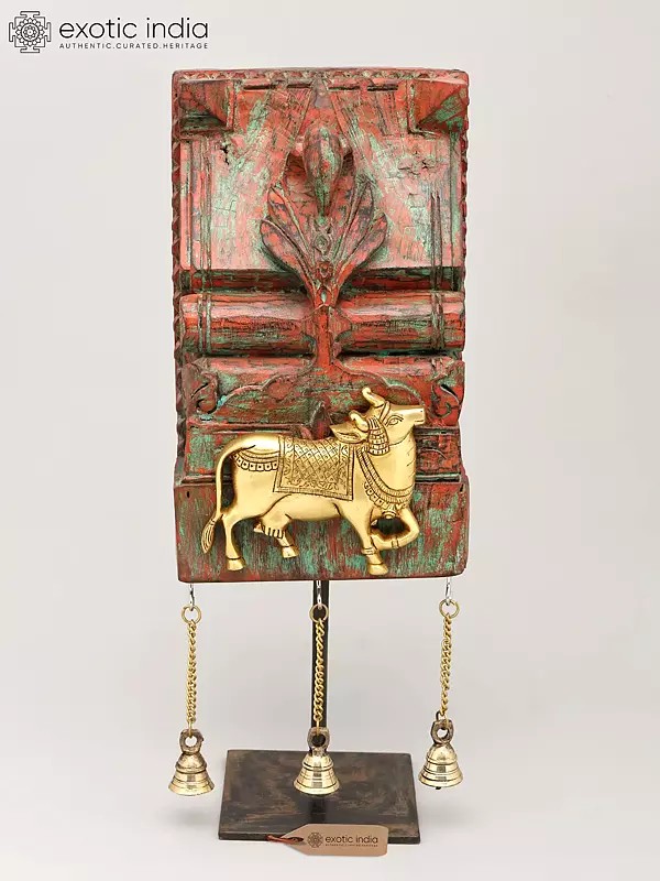 18" Kamadhenu Cow on Vintage Wooden Backdrop with Brass Bells