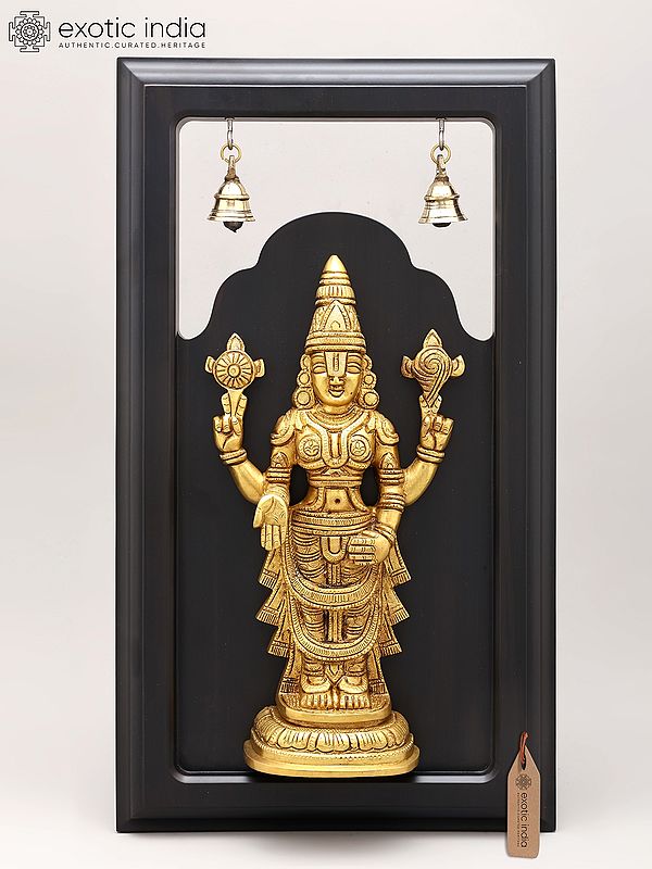 18" Wood Framed Tirupati Balaji (Venkateshvara) Statue in Brass | Wall Hanging
