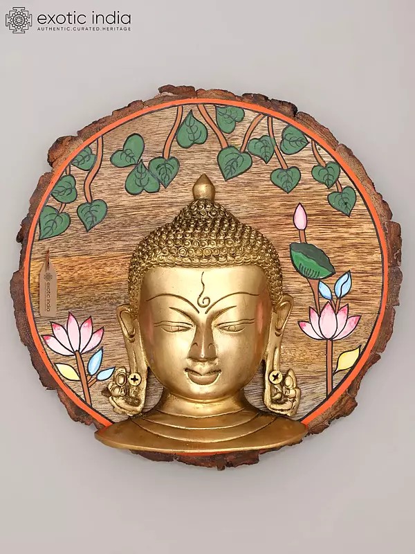 9" Gautam Buddha Face Wall Hanging | Wood Framed Brass Sculpture