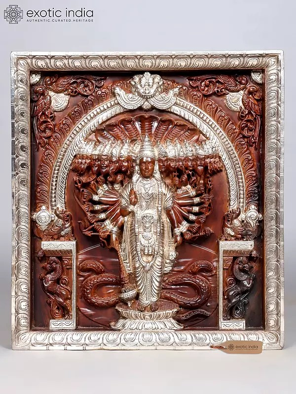 27" Vishvarupa of Lord Vishnu | Wood Carved Wall Hanging Panel with Silver Cladding
