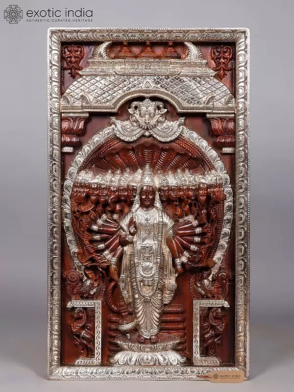 43" Vishvarupa Darshan - Universal form of Lord Vishnu | Wood Carved Panel with Silver Cladding | Wall Hanging