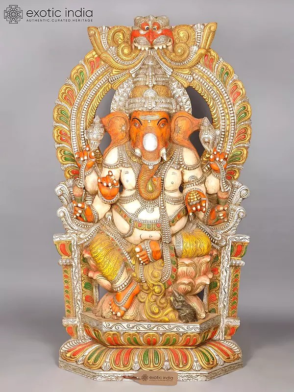 75" Super Large Six Armed Lord Ganesha Seated on Kirtimukha Throne | Wood Carved Statue