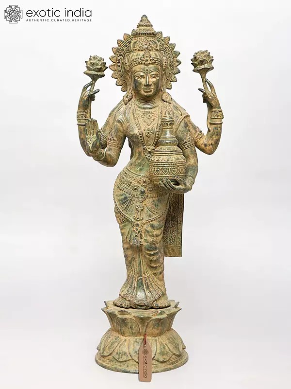 27" Standing Goddess Lakshmi with Wealth Pot | Brass Statue