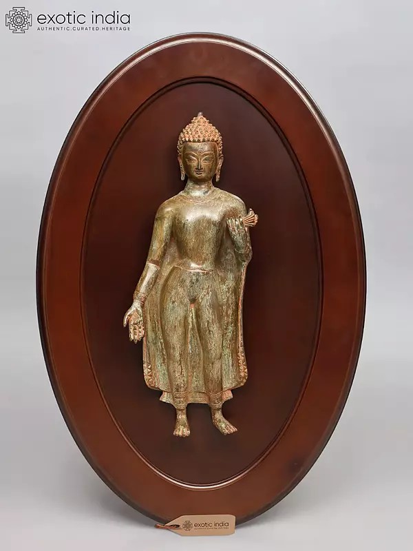 32" Framed Standing Buddha Statue in Brass | Wall Hanging