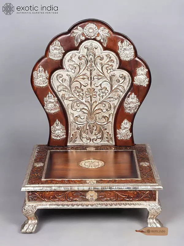 Grand Wooden Idol Seat with Silver Inlay - Royal Singhasan for Deities with Ashtalakshmi Forms