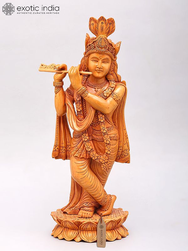 Lord Krishna Flute Player Sculpture | 16" Wood Art