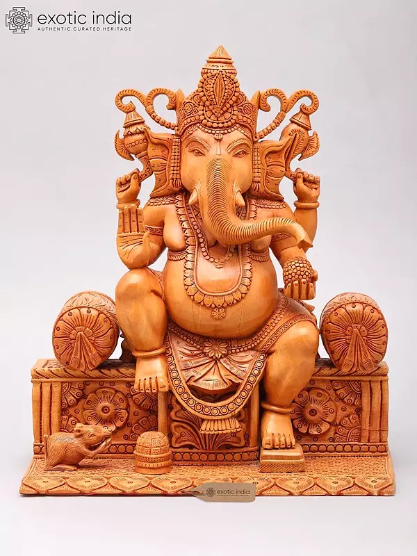 Lord Ganesha Seated Statue - Four Armed Blessing Wood Carving