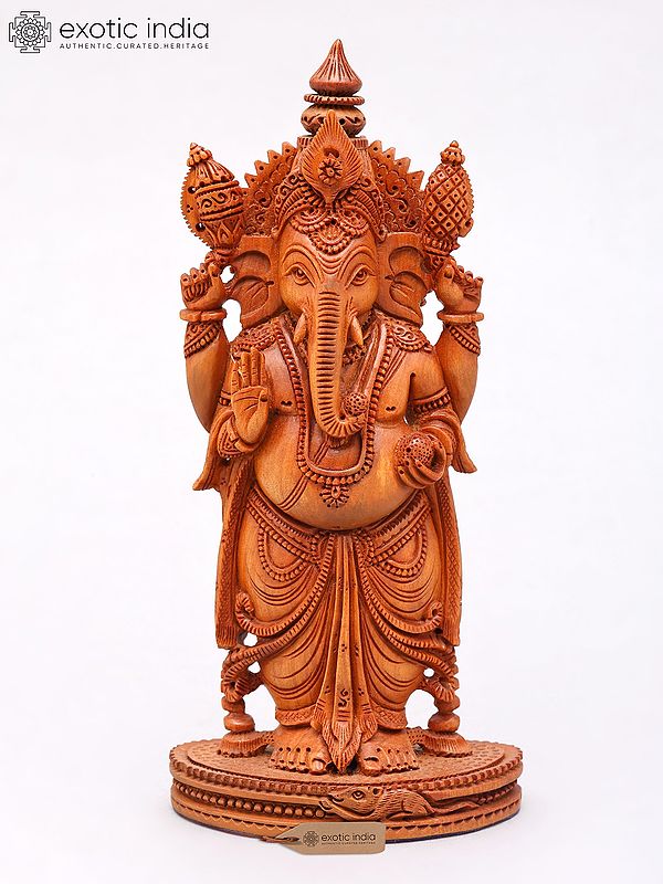Lord Ganesha Blessing Statue - 6" Carved Sandalwood Figurine