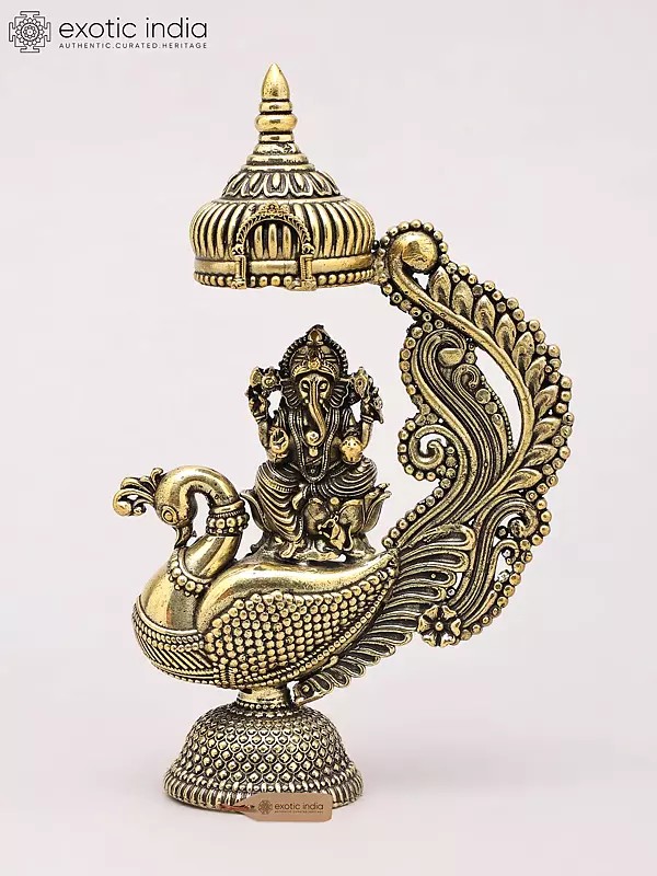 5" Small Superfine Lord Ganesha Seated on Peacock | Brass Statue