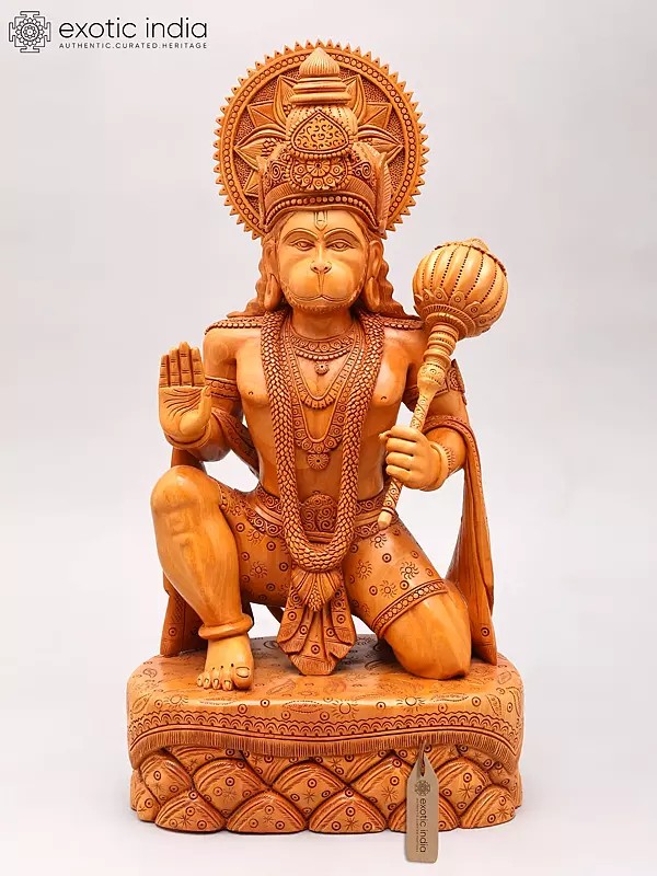 18" Seated Lord Hanuman in Blessing Gesture | Wood Carved Statue